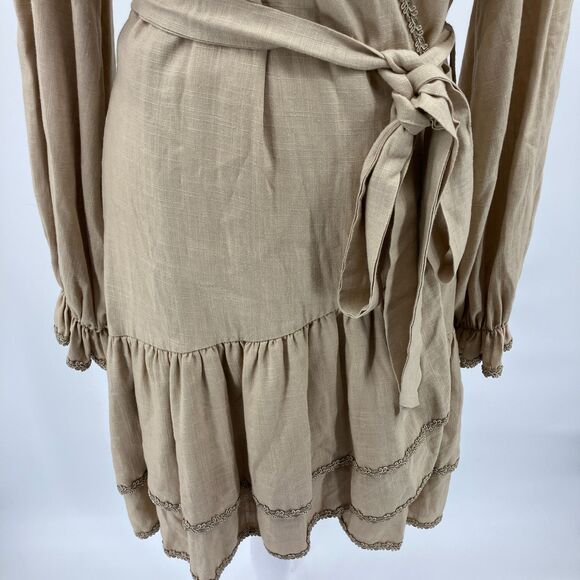 Menti Neutral Linen Blend Wrap Dress sz S Made in Greece Balloon Sleeves Ruffles - Picture 5 of 14